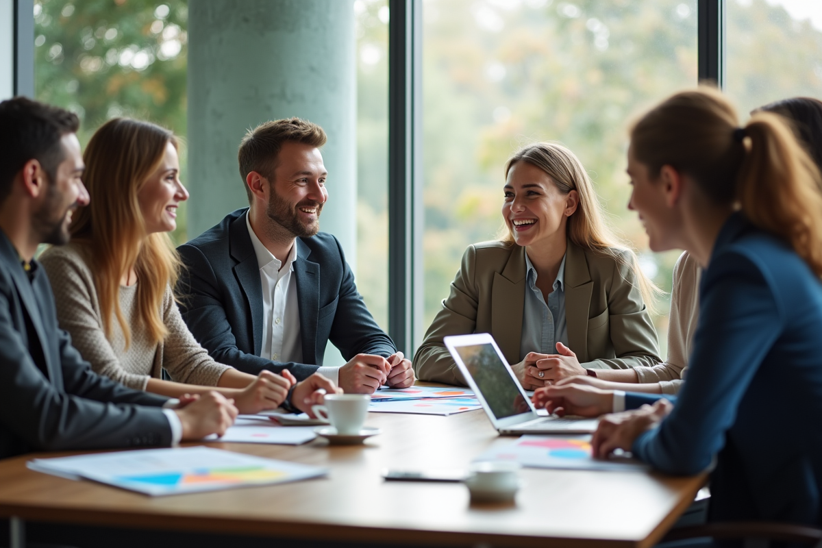 Groupe de collègues dans un bureau moderne lors d'une réunion