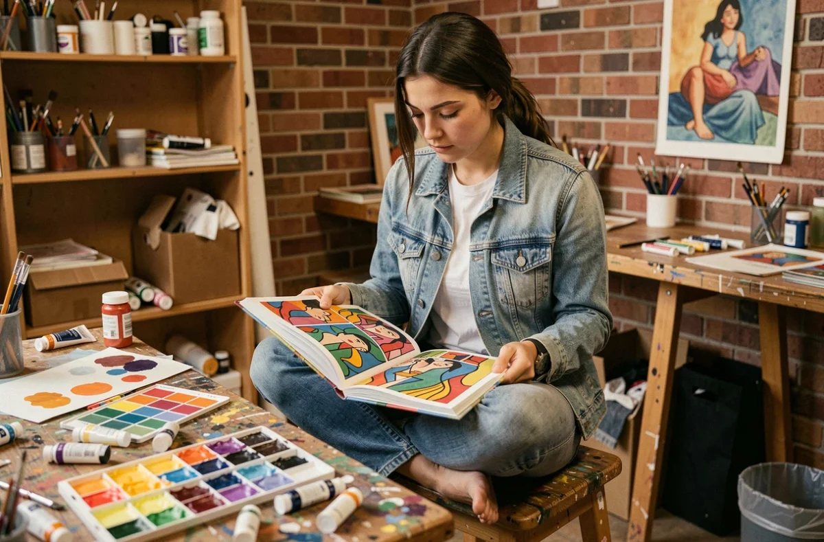 Étudiante en art étudiant un livre illustré sur Matisse et les grands peintres coloristes dans un atelier d'école des beaux-arts