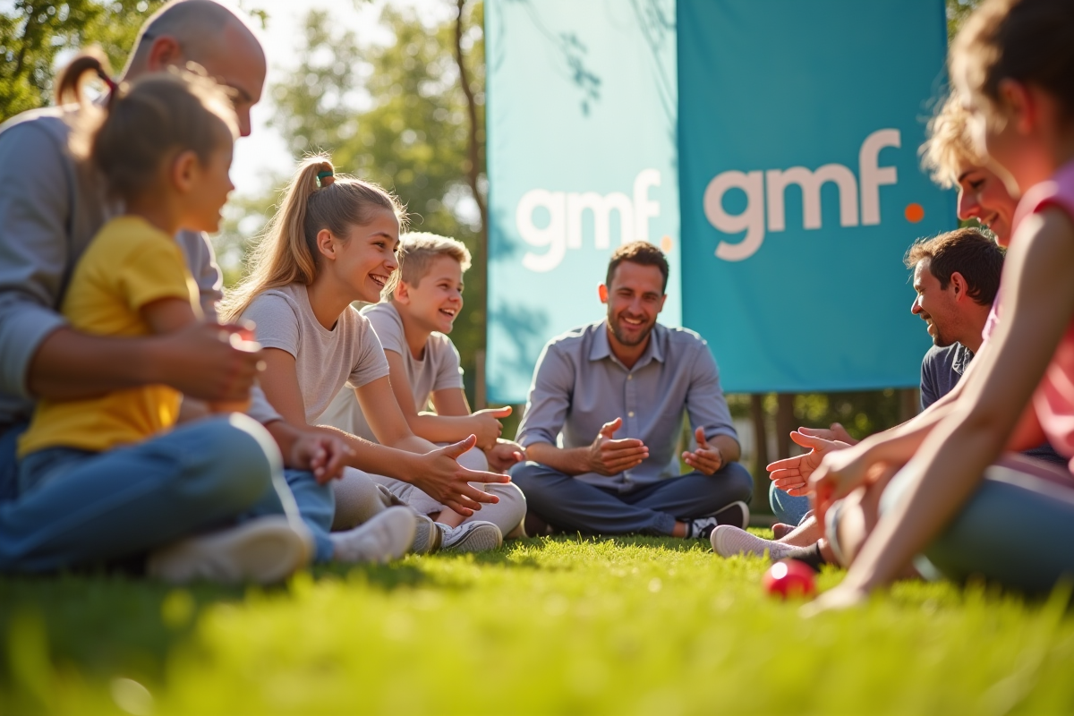 Employes profitant d une activité en plein air avec logo GMF