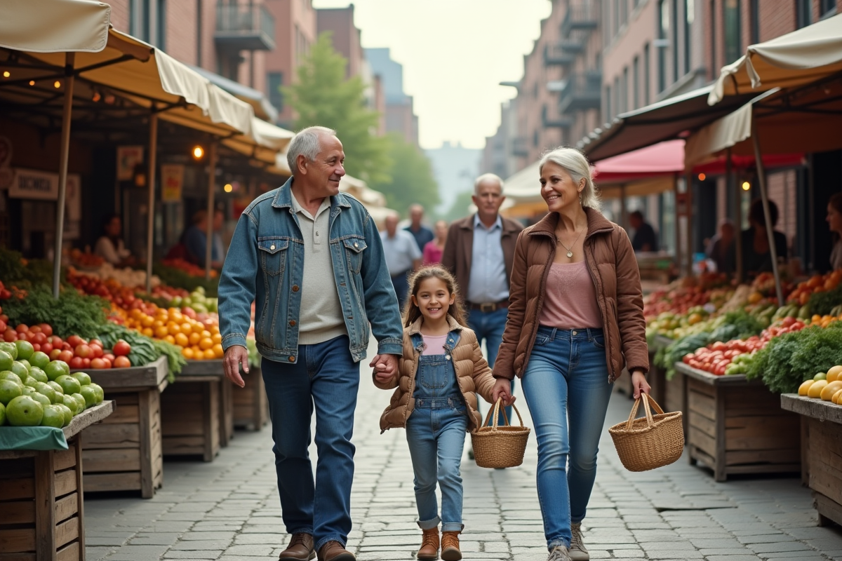 Famille multigeneration dans un marché urbain animé