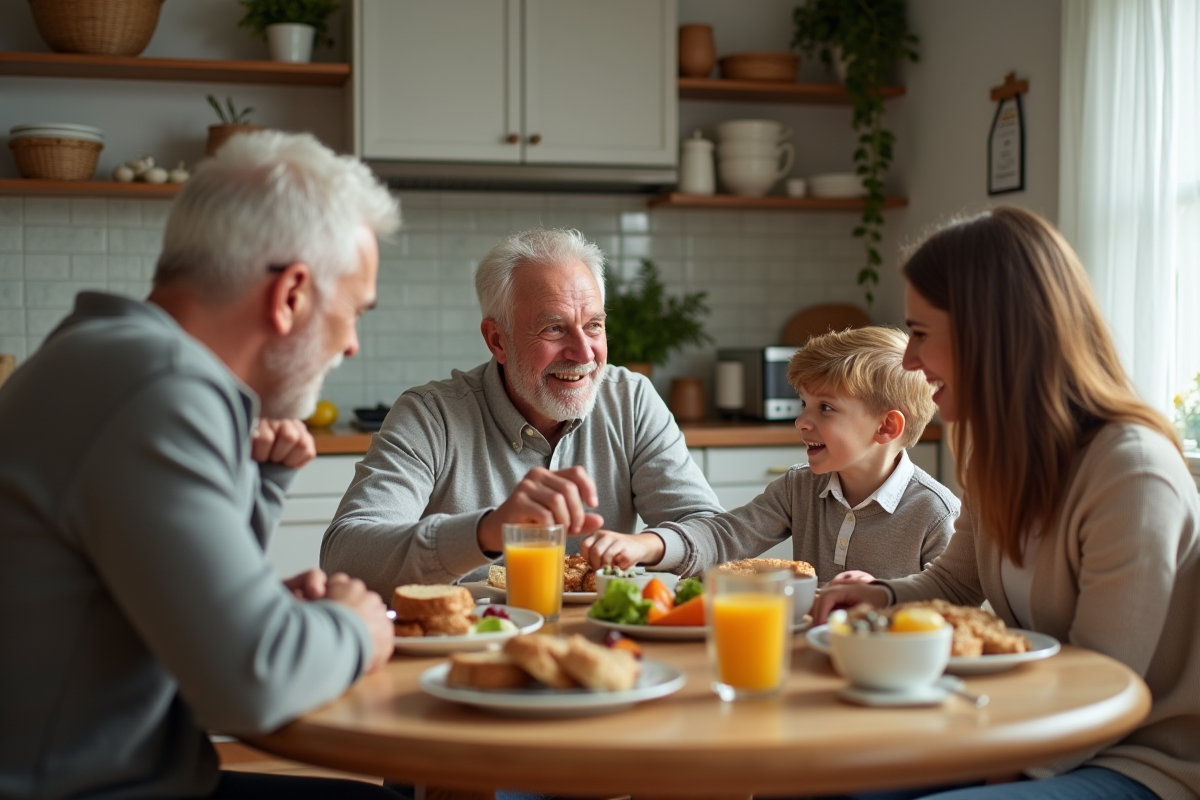 Famille multigeneration partage un petit déjeuner convivial