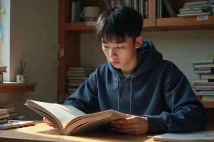 Jeune fan de manga lisant un tome de One Piece assis à son bureau