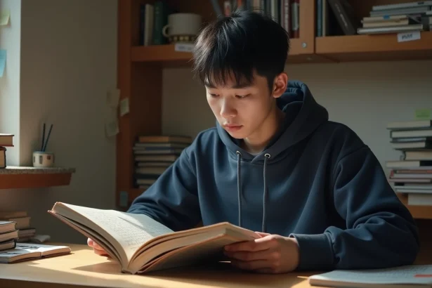 Jeune fan de manga lisant un tome de One Piece assis à son bureau