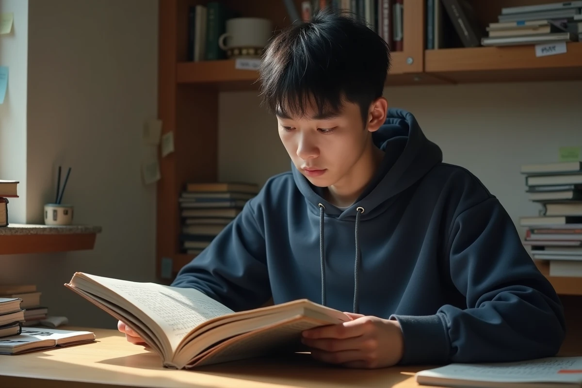 Jeune fan de manga lisant un tome de One Piece assis à son bureau