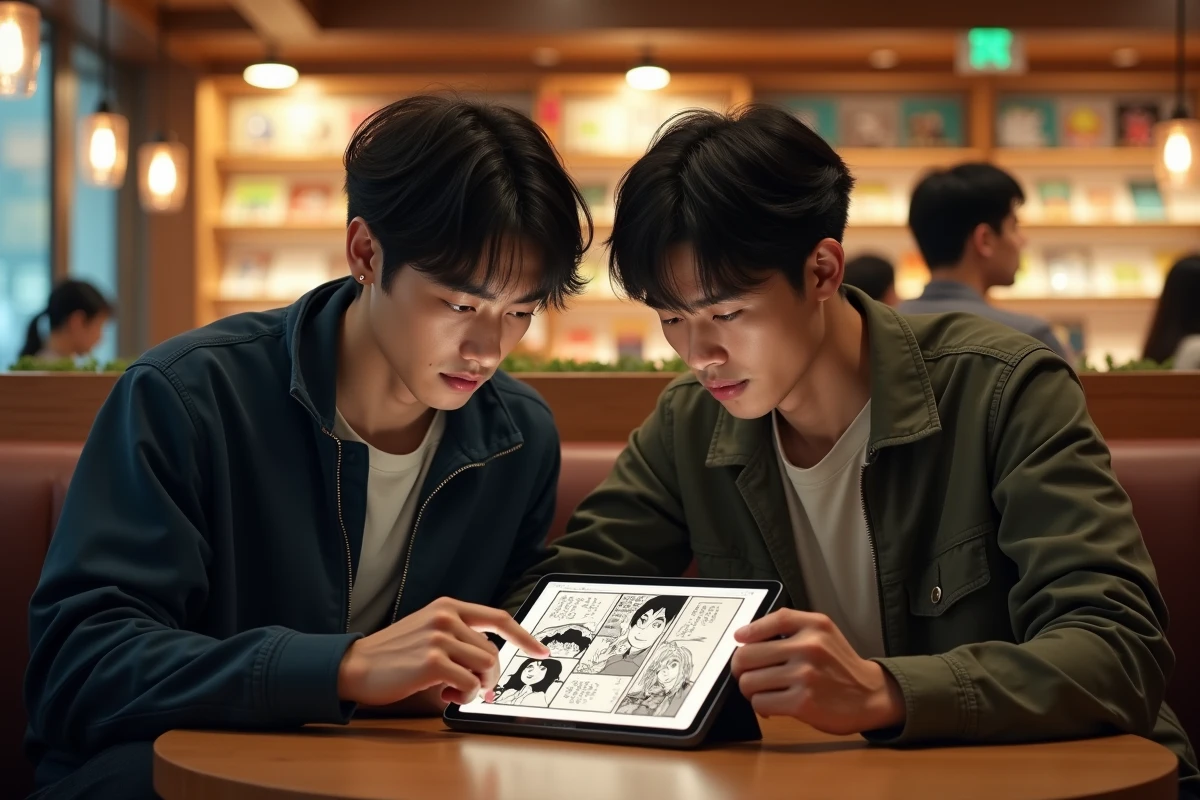 Deux amis fans de manga discutant des détails cachés du scan One Punch Man 286 dans un café manga japonais