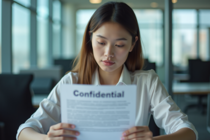 Jeune femme d'affaires lisant un document confidentiel au bureau