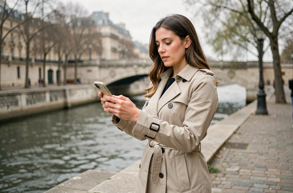 Femme parisienne consultant une application de sorties sociales sur son smartphone au bord de la Seine, symbolisant le choix entre OVS Paris et un meetup pour sortir à Paris