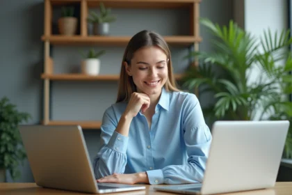 Femme professionnelle comparant deux laptops au bureau