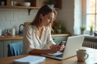 Femme assise à la cuisine avec ordinateur et smartphone