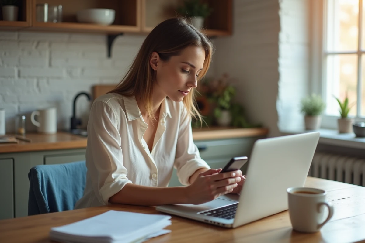 Femme assise à la cuisine avec ordinateur et smartphone