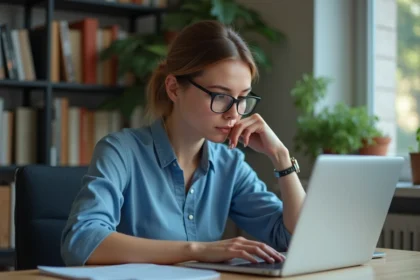 Femme concentrée travaillant sur son ordinateur dans un bureau moderne