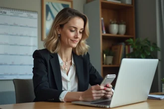 Femme d'âge moyen au bureau vérifiant l'heure sur son smartphone