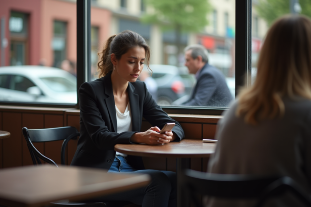 Femme pensant à son smartphone dans un café urbain