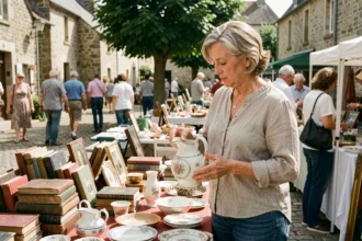 Femme chinant une cruche en céramique vintage sur un vide grenier en plein air dans l'Orne en Normandie