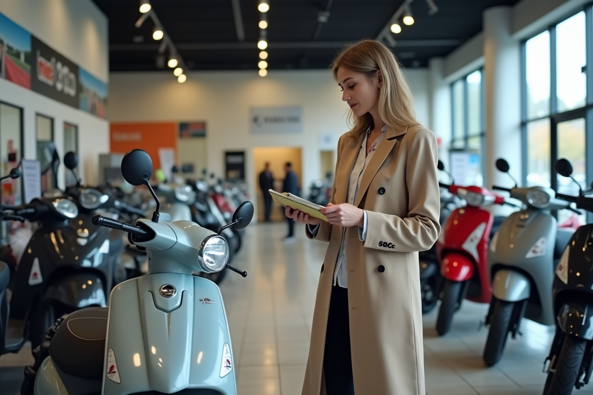 Femme comparant prix de scooters dans un showroom