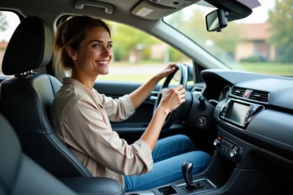 Femme souriante en voiture automatique moderne