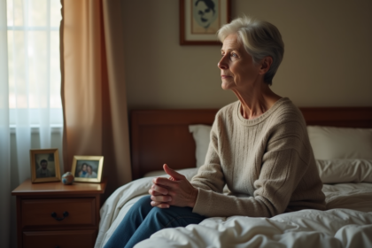 Femme d'âge moyen contemplant la fenêtre dans sa chambre