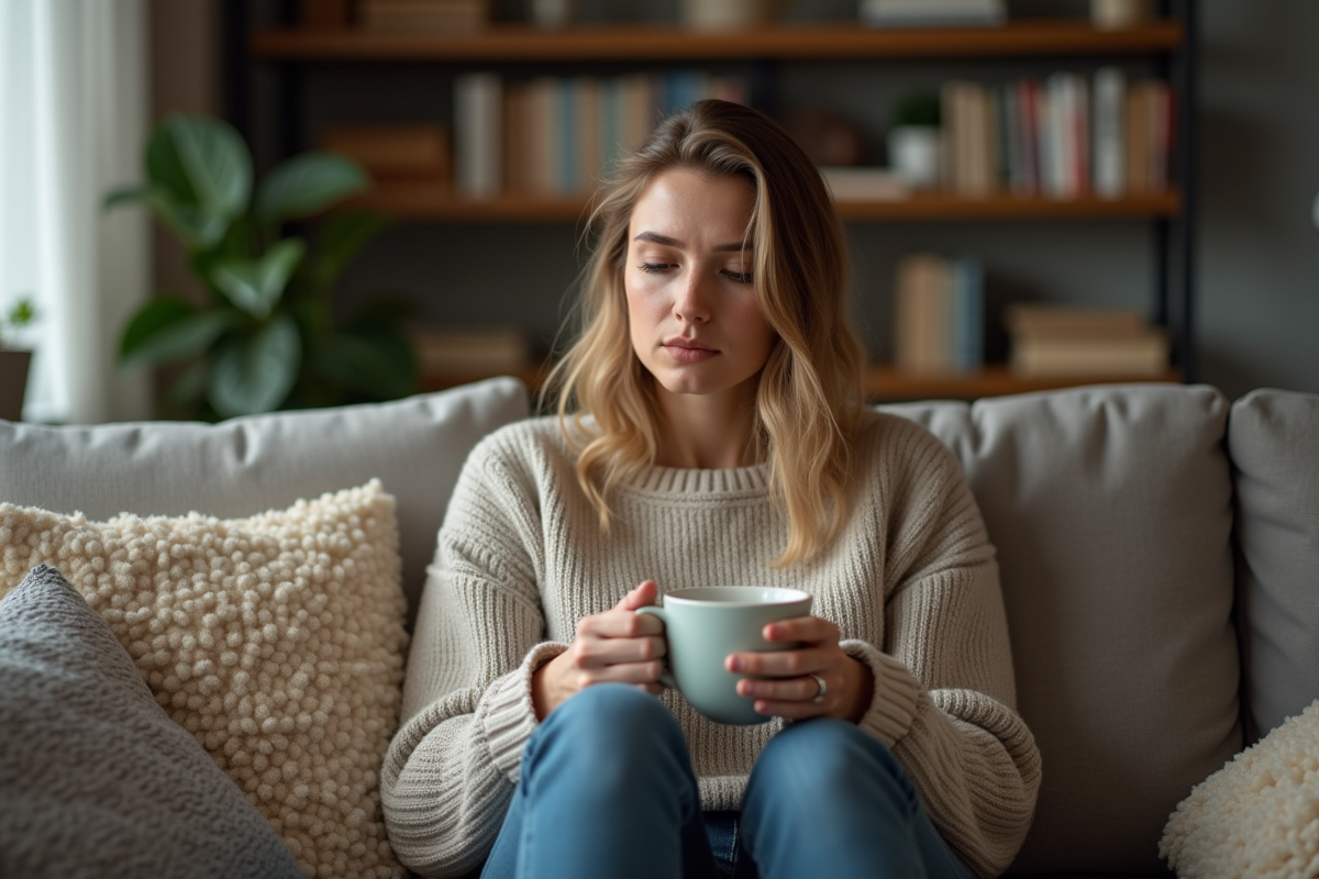 Femme assise sur un canapé dans un salon chaleureux