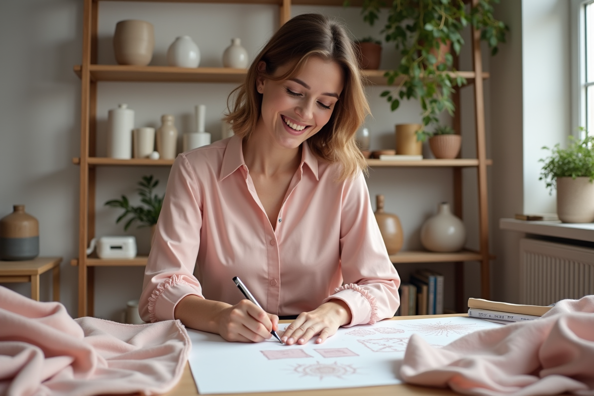 Femme créative esquissant des motifs dans un studio moderne