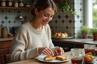 Femme souriante préparant du foie gras et brioche dans une cuisine chaleureuse