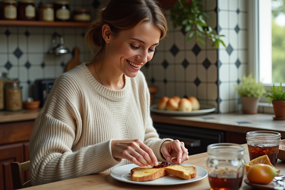 Femme souriante préparant du foie gras et brioche dans une cuisine chaleureuse