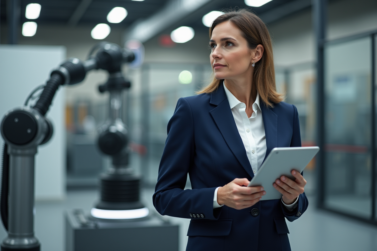 Femme entrepreneure avec robot industriel et tablette
