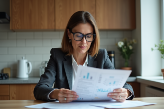 Femme d'âge moyen en blazer dans une cuisine moderne