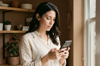 Femme regardant son téléphone affichant 12h12 dans un intérieur chaleureux, moment de réflexion sur l'heure miroir