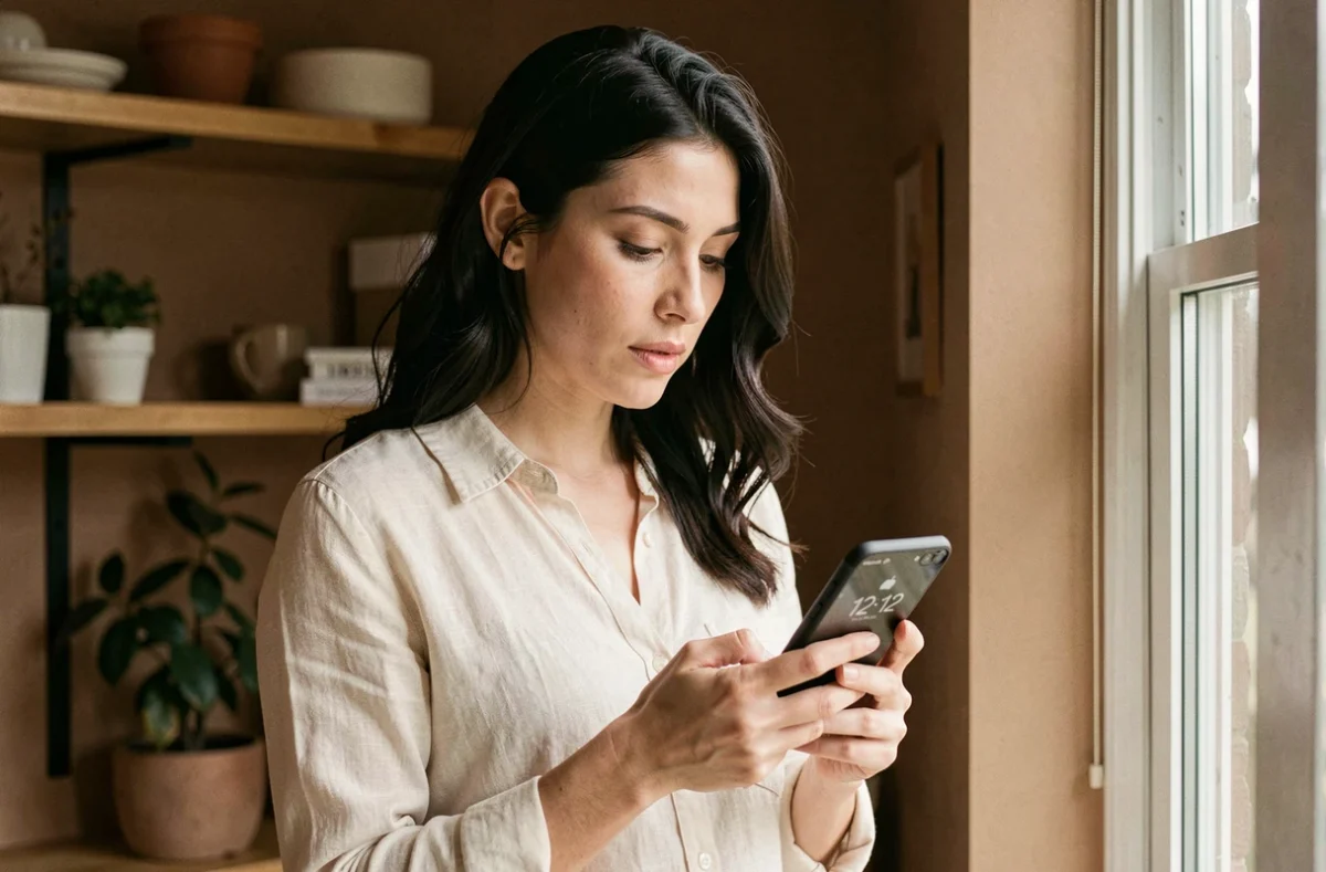 Femme regardant son téléphone affichant 12h12 dans un intérieur chaleureux, moment de réflexion sur l'heure miroir