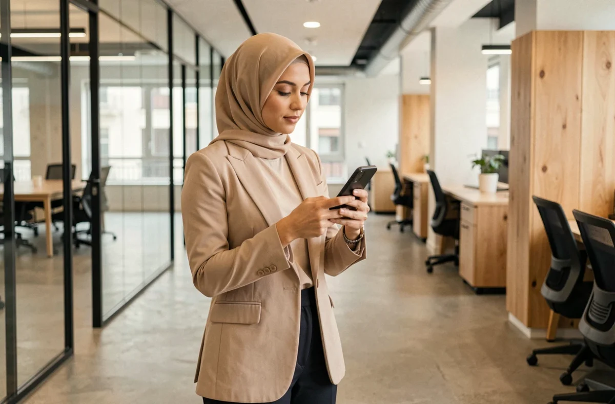 Une femme voilée en tenue professionnelle consultant son téléphone pour vérifier l'heure de prière dans un bureau moderne