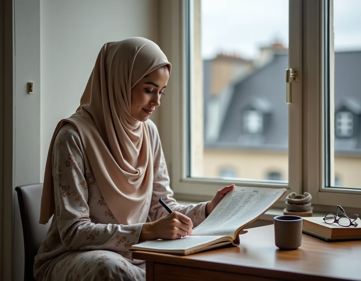 Femme portant un hijab consultant un horaire de prière islamique avec application qibla sur smartphone près d'une fenêtre à Bordeaux