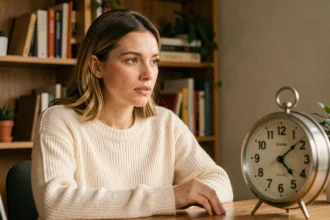 Femme contemplative regardant une horloge analogique indiquant 16h16 dans un bureau cosy à la décoration chaleureuse