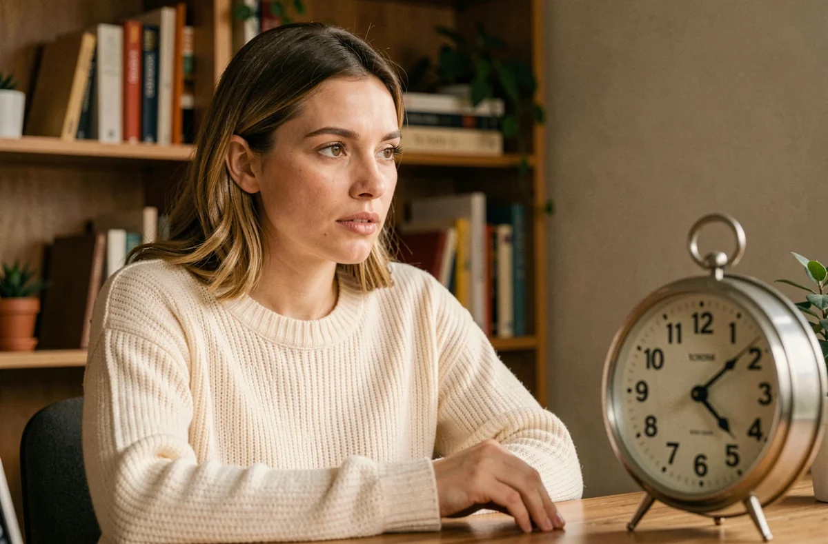 Femme contemplative regardant une horloge analogique indiquant 16h16 dans un bureau cosy à la décoration chaleureuse
