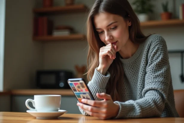 Jeune femme jouant au jeu 4 images 1 mot sur smartphone, cherchant un mot de 4 lettres en français