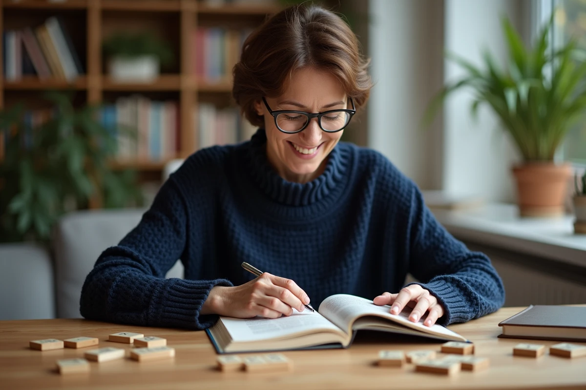 Femme souriante vérifiant un dictionnaire dans un salon lumineux