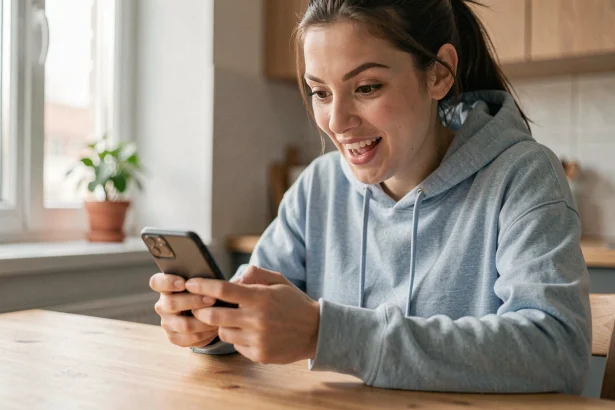 Jeune femme jouant à Monopoly GO sur smartphone lors d'un événement spécial Club Magnat