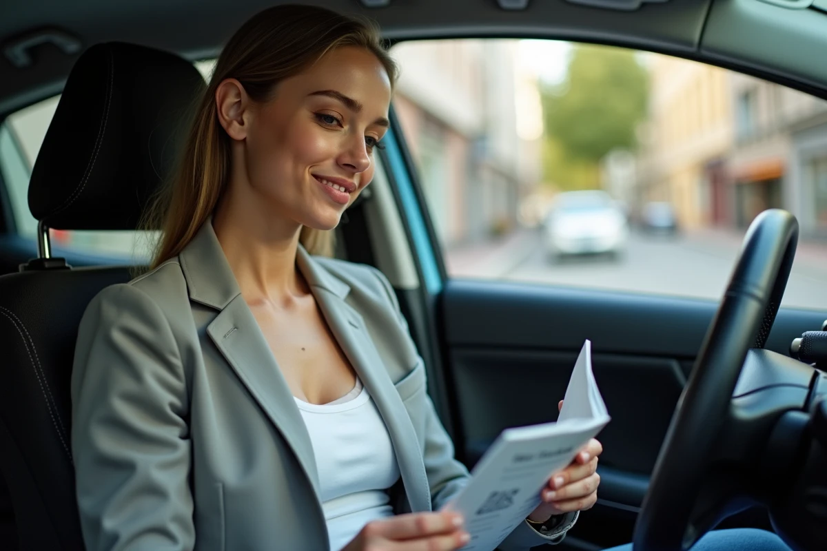 Jeune femme lit une brochure sur les normes d emissions automobiles