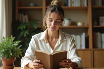 Femme lisant attentivement la couverture d'un livre relié à son bureau en bois, environnement librairie maison chaleureux