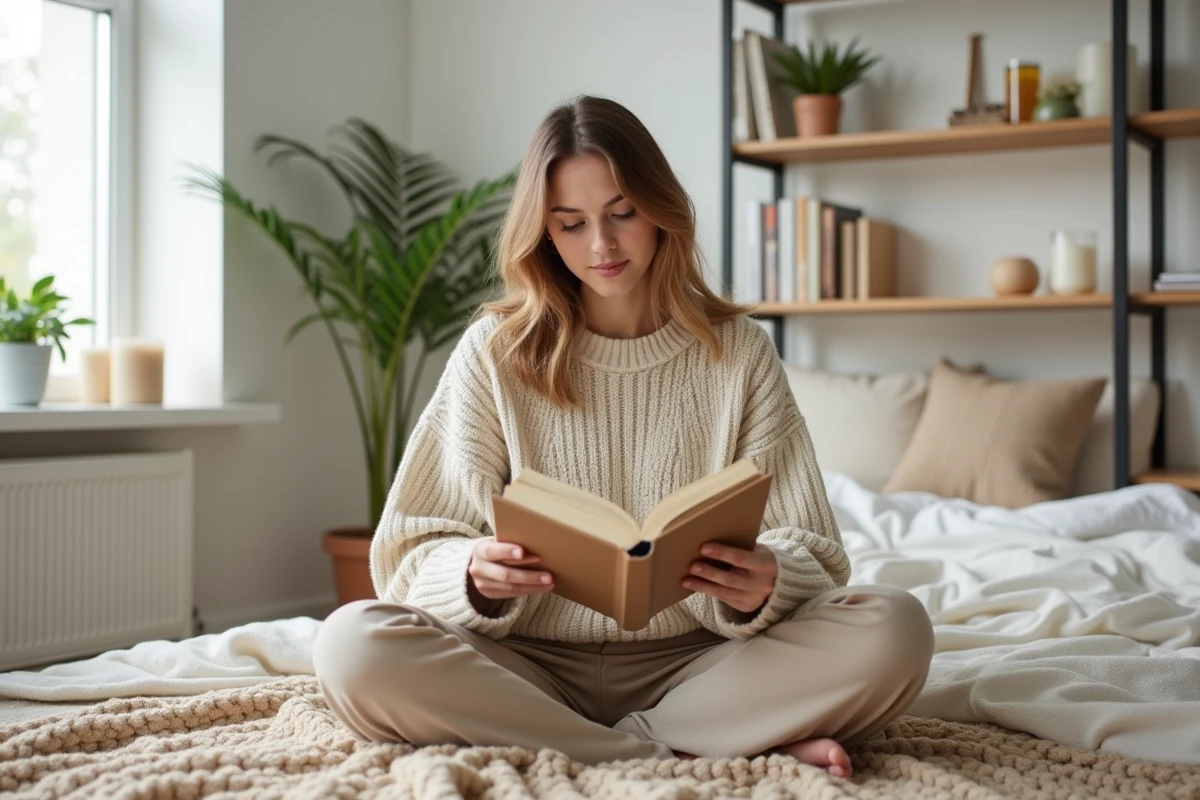Jeune femme assise sur un lit lisant un guide bien-être dans une chambre lumineuse et apaisante