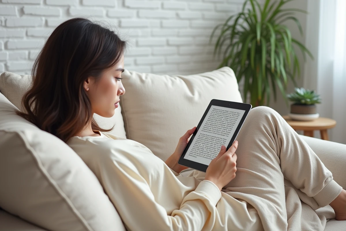 Jeune femme lisant des scans en français sur une tablette confortablement installée dans son salon