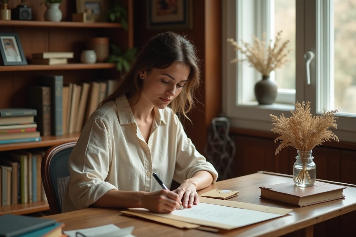 Femme écrivant et scellant une lettre d'amitié sincère à son bureau à la maison