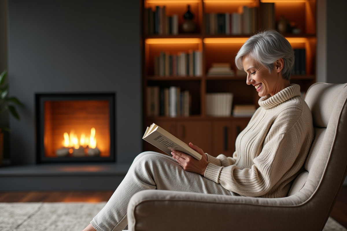 Femme d'âge moyen lisant dans un salon cosy