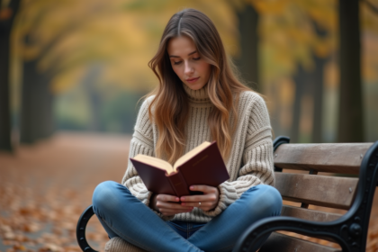 Jeune femme lisant un livre en automne dans un parc