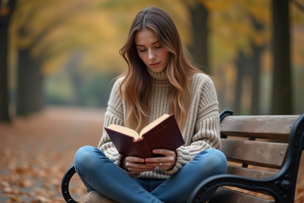 Jeune femme lisant un livre en automne dans un parc