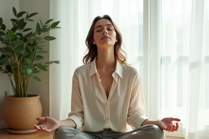Femme en méditation sereine évoquant la connexion avec son archange protecteur selon un test de personnalité spirituelle