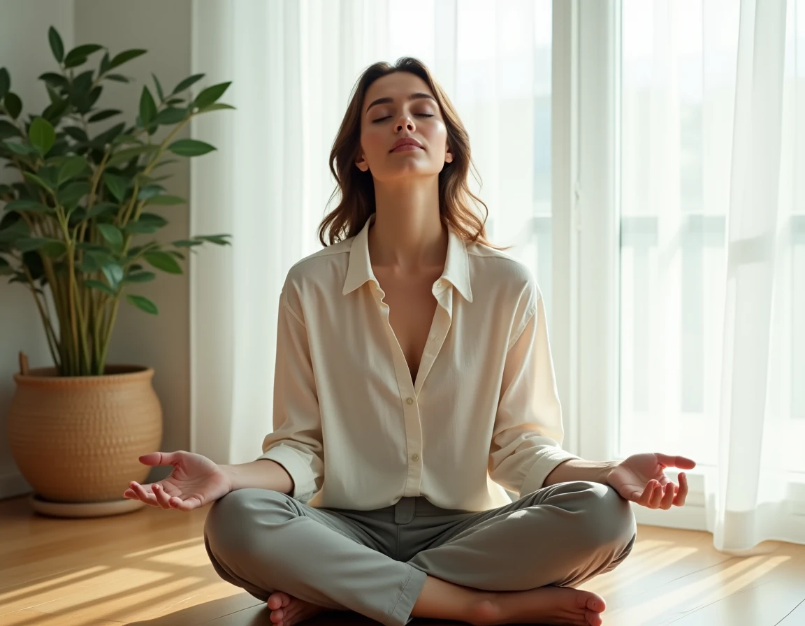 Femme en méditation sereine évoquant la connexion avec son archange protecteur selon un test de personnalité spirituelle