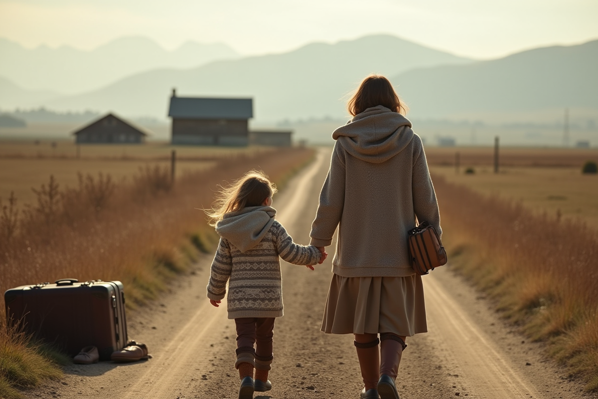 Mère et fille marchant dans la campagne automnale