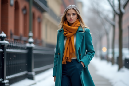 Femme élégante en manteau turquoise dans la ville enneigée