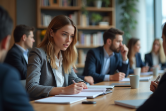 Femme en atelier professionnel prenant des notes