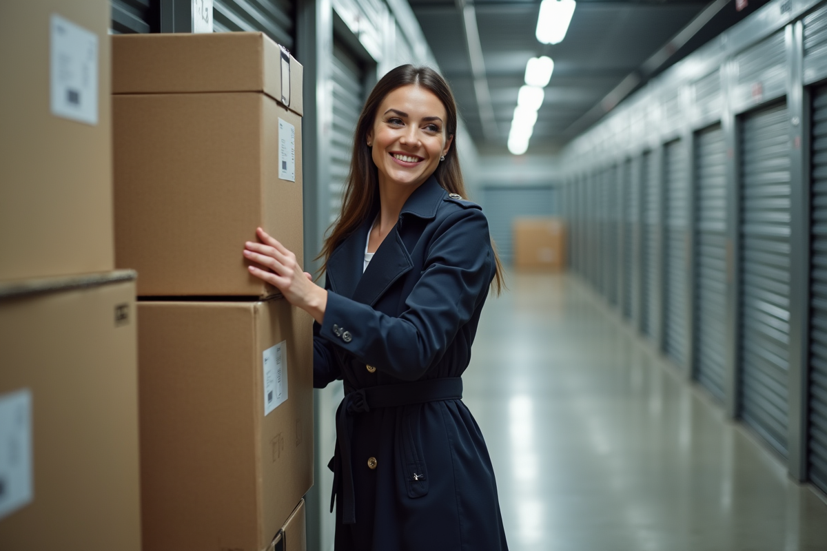 Femme organisant des cartons dans un selfstorage à Nantes